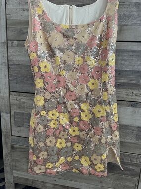 Sleeveless Sequin Floral Mini Dress in Pink, Yellow & Cream